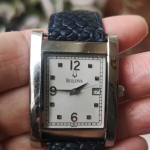 Bulova Wristwatch Rectangle C867805 Blue Leather Band With Wooden Box, Working